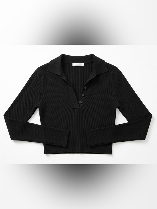 Zara Tops - Zara Black Ribbed Knit Long Sleeve Cropped Basic Polo Top Women’s Large